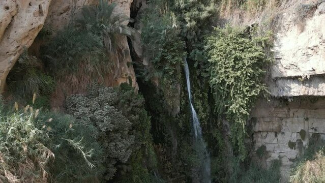 David waterfall in Ein Gedi nature reserve in Israel, aerial shot