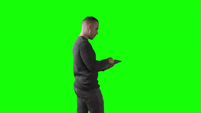 Talking System Administrator Man With A tablet Standing. IT Technician concept. ProRes 422HQ 12 Bit mov.