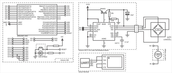 Vector schematic diagram of an electronic device on the arduino. Connecting the load cell and voltmeter to the arduino. 