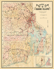 Rhode Island Antique Map 1890 features counties. Published 1890. This is a beautifully detailed historic, enhanced, restored reproduction. Shows counties, cities, towns, and other points of interest.