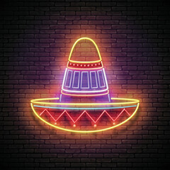 Glow Sombrero, Ethnic Mexican Culture. Day of the Dead, Dia de los Muertos, Cinco de Mayo Holidays. Shiny Neon Poster, Flyer, Banner, Postcard, Invitation. Brick Wall. Vector 3d Illustration 