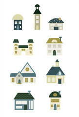 "Set of flat design funny cartoon homes. Blue and cream houses. Home, building, home estate. 
