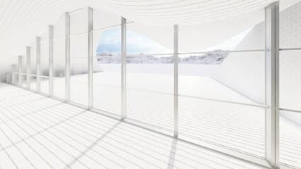 Architecture background white interior with panoramic window 3d render