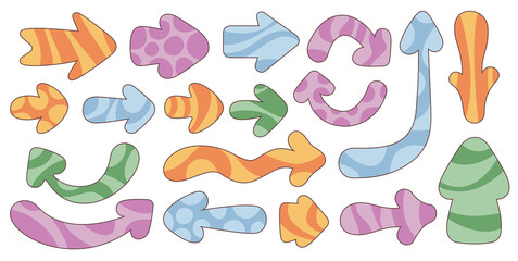 Groovy hippie 70s arrow set. Funny fat cartoon arrows, vectors trendy retro psychedelic cartoon style. Isolated vector illustration. 60's Flower power style