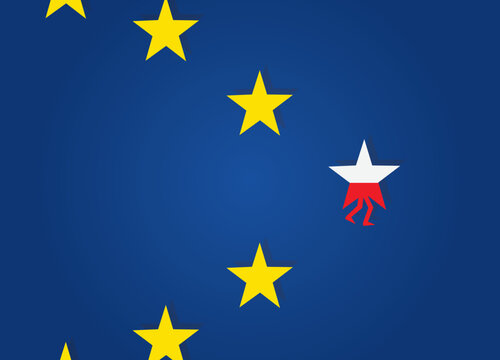 Polexit. Poland exit EU. Star with polish flag walk away from EU stars.

