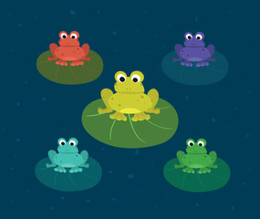 Obraz premium Colorful frogs on the leafs. Funny animal for children. Cartoon character. Ideal for printing on cards or textile. 