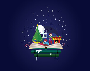 Imagination concept - christmas fairy tail story come out of a book. Book shop christmas. Children opening presents.
