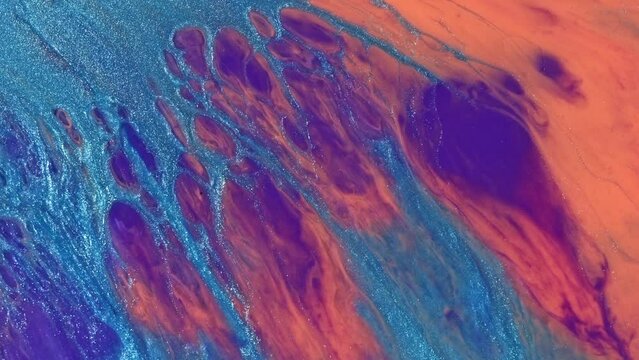 Fluid art drawing video, abstract acrylic texture with flowing effect.. Liquid paint backdrop with chaotic waves and swirls. Artistic background motion with overflowing bright colors.