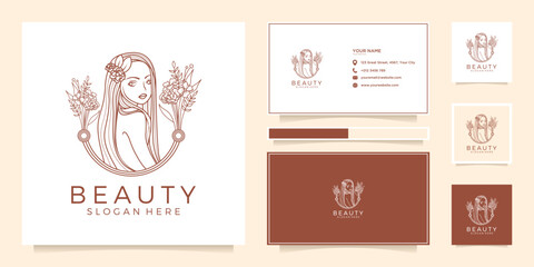 Beauty woman monoline luxury logo design with business card template