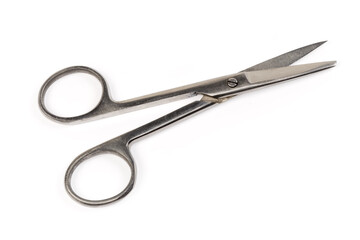 Obraz premium Stainless steel surgical scissors on a white background