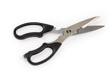 Stainless steel kitchen scissors on a white background
