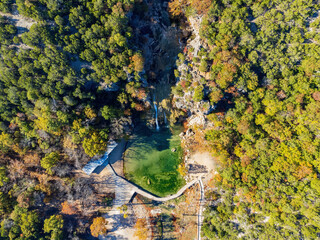 Sunny view of the fall color of Turner Falls