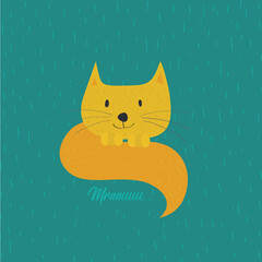 Yellow, ginger cat. Funny cartoon character on blue green background.

