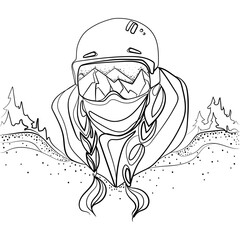 Woman portrait wearing Ski or Snowboard goggles with reflection of mountains and ski slopes and helmet Line art logo,emblem,poster,print template vector illustration.Girl in Glasses for winter sports 