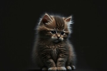 Fototapeta na wymiar Cute fluffy brown kitten isolated on black background