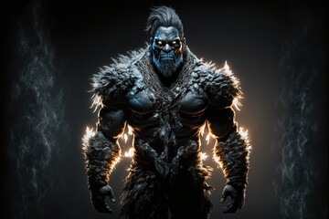 Yeti-Gorilla Warrior. Abonimable muscular bigfoot male. Character design on black background. - obrazy, fototapety, plakaty