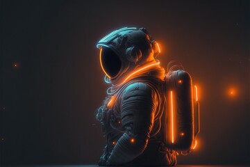 Neon astronaut in space suit with glowing lights isolated on black background. Side view. - obrazy, fototapety, plakaty