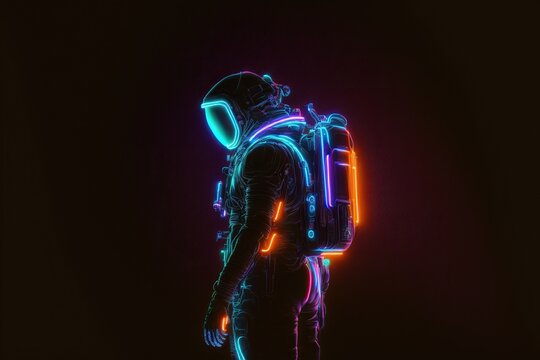 Neon astronaut in space suit with glowing lights isolated on black background. Side view.