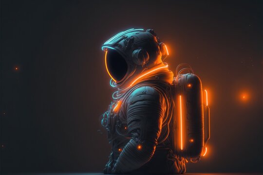 Neon astronaut in space suit with glowing lights isolated on black background. Side view.