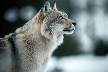 Side view portrait of a lynx (bobcat) in the winter forest snow