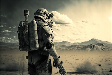 Soldier in camo and protective gear with gas mask, standing in a desolate post-apocalyptic wasteland landscape, rifle in hand as they scan horizon for signs of danger. - obrazy, fototapety, plakaty