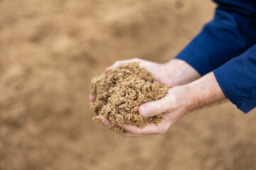 Top view of hands carrying beer oilcake in shape of heart during work at stock yard
