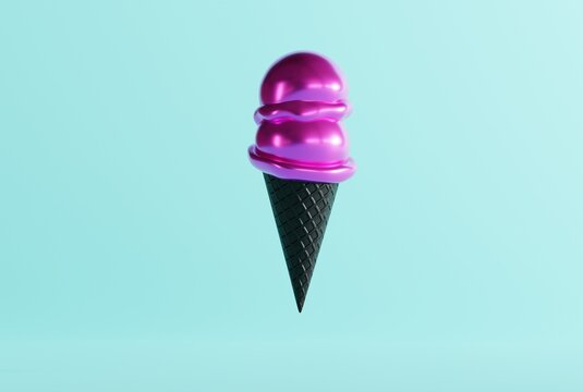 Ice cream in a black waffle on the ground and blue background. The concept of eating ice cream, cooling down. Modern ice cream with a black waffle. 3D render; 3D illustration.