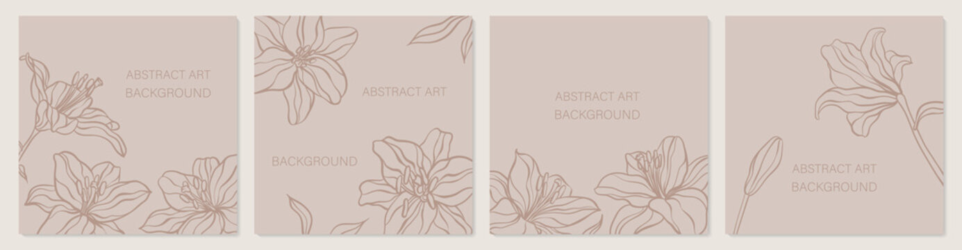 Set of creative minimalist hand draw illustrations floral outline lily pastel biege simple shape for wall decoration, postcard or brochure cover design,