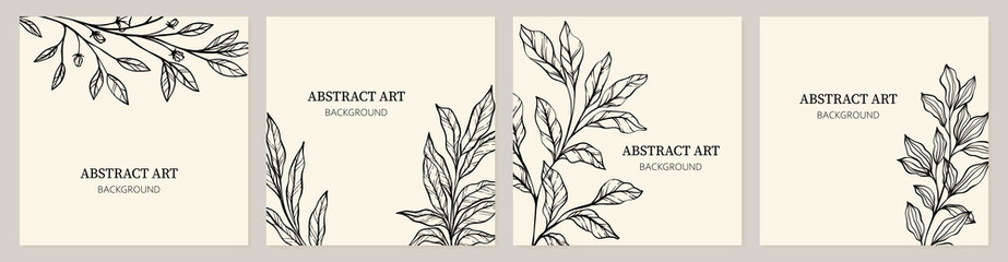 Leaves branch and Hand Drawn doodle Scribble floral plants background. Abstract leaf. Creative minimalist Abstract art background. Design wall decoration, postcard, poster or brochure,