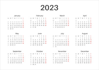  Simple, minimalist design. Vector. 2023 year calendar.