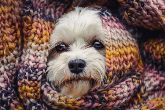 Cute close-up portrait of a white havanese dog wrapped in a colorful wool scarf