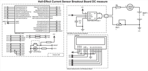 Vector schematic diagram of electronic device on arduino.
Connecting expansion board with current sensor and alphanumeric lcd display to arduino. Hall-effect current sensor breakout board DC measure.