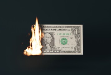 Burning dollar on a dark background. The concept of destroying money, business. Spending and wasting money. 3D render, 3D illustration. - obrazy, fototapety, plakaty
