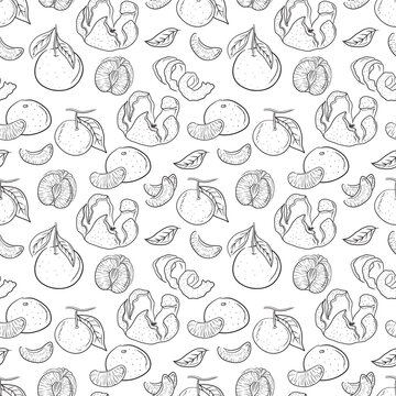 Seamless pattern with tangerines, leaves, slices in black on white background. Hand drawn vector sketch illustration in doodle line art vintage engraving style. Citus fruit wrapping paper, texture.
