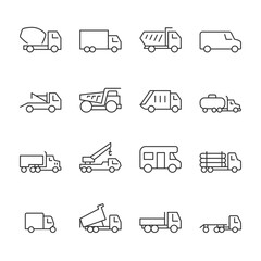 Trucks icons set. Industrial transport, truck, van, tractor, dump truck, linear icon collection. Line with editable stroke © Matsabe