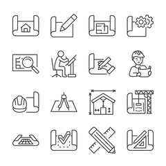 Engineering drawing icons set. Blueprint, linear icon collection. Construction, technical project. Draft sketches. Line with editable stroke © Matsabe