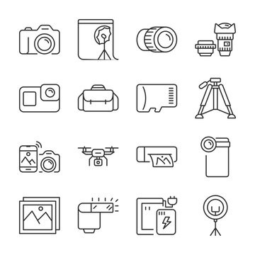 Camera and accessories icons set. Photo studio, linear icon collection. Photo equipment. Accessories for professional studio photography, video recording. Line with editable stroke
