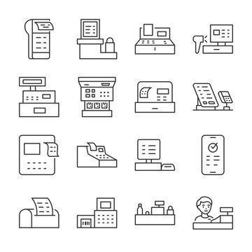 Cash register icons set. automated money handling system, linear icon collection. device for registering and calculating transactions at a point of sale. print out receipt. Line with editable stroke