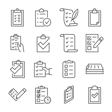 Checklist icons set. Clipboard, list and checkboxes, linear icon collection. To-do list. Line with editable stroke