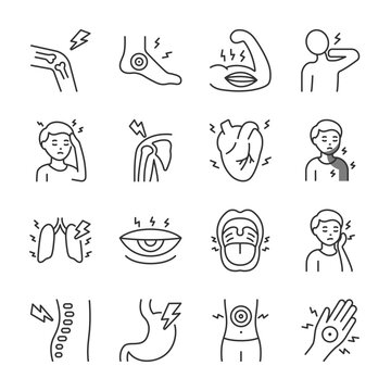 Pain icons set. Feeling of pain and showing in different parts of the body and organs, linear icon collection. Sickness and disease. Pain in the joints, heart, tooth, etc. Line with editable stroke