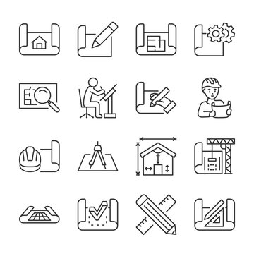 Engineering drawing icons set. Blueprint, linear icon collection. Construction, technical project. Draft sketches. Line with editable stroke