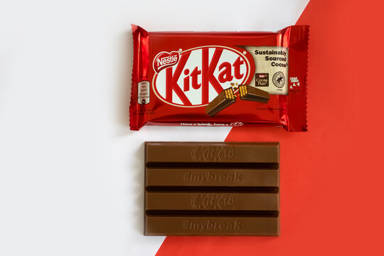 May 3, 2022 Ukraine city Kyiv chocolate Kit Kat on a colored background