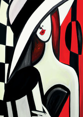 Woman with big hat. Black dress. Red background. Cubism art style. Colored abstract background.