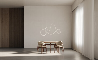 Round dining table with chairs, hanging light. Minimalist beige dining room interior design. Large white window with a transparent curtains. 3d rendering
