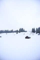 Almhütte in einer verschneiten Winterlandschaft in den Alpen von Bayern Winter