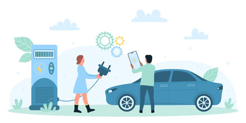 Obraz na płótnie Canvas Charging station for electric car, electromobility and future innovation vector illustration. Cartoon tiny people holding charger plug and phone to charge battery of electro vehicle on parking