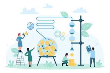 Idea funnel vector illustration. Cartoon tiny people work with creative marketing generator for conversion light bulbs into money, control tubes and engine of machine to get gold coins results