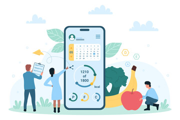 Healthy eating mobile app vector illustration. Cartoon tiny people count calories in food using online app in phone for weight loss, quality analysis tracking for organic products and diet dishes
