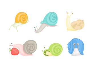Garden Snails and Little Gastropods with Colorful Spiral Shells Vector Set