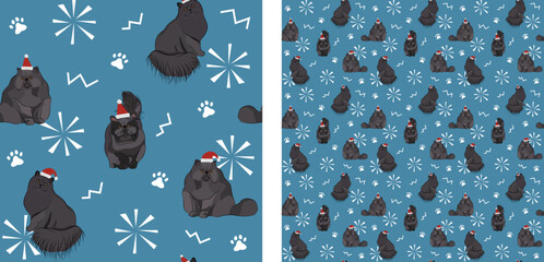 Seamless cat pattern, winter Christmas texture. Square format, t-shirt, poster, packaging, textile, socks, textile, fabric, decoration, wrapping paper. Trendy hand-drawn blue Persian cat in hats.